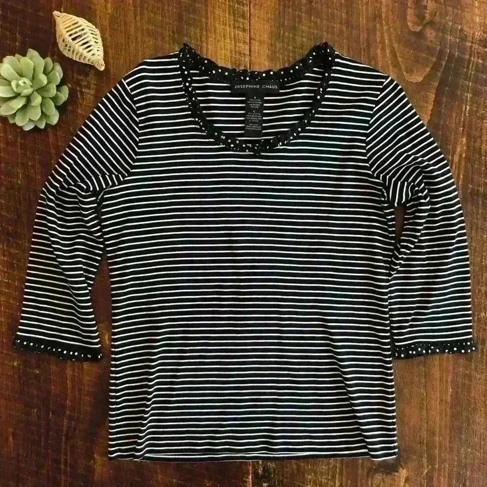 Josephine Chaus | Black & White Striped Top w/Polka Dot Ruffle at Neck & Cuff
